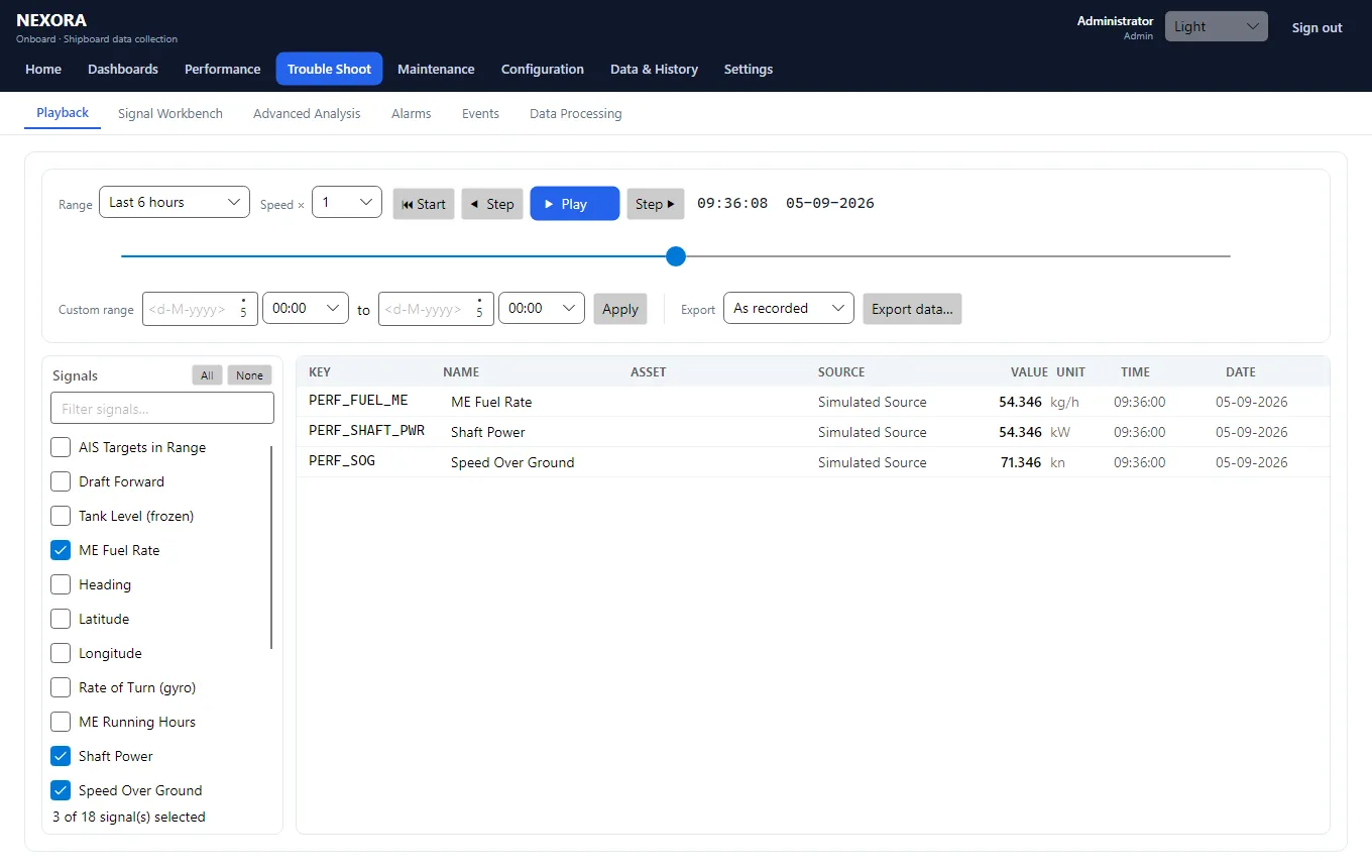 Nexora playback view: a time-range selector, speed control and play/step transport with a timeline scrubber, a signal picker for choosing which recorded sensors to replay, and an export control.